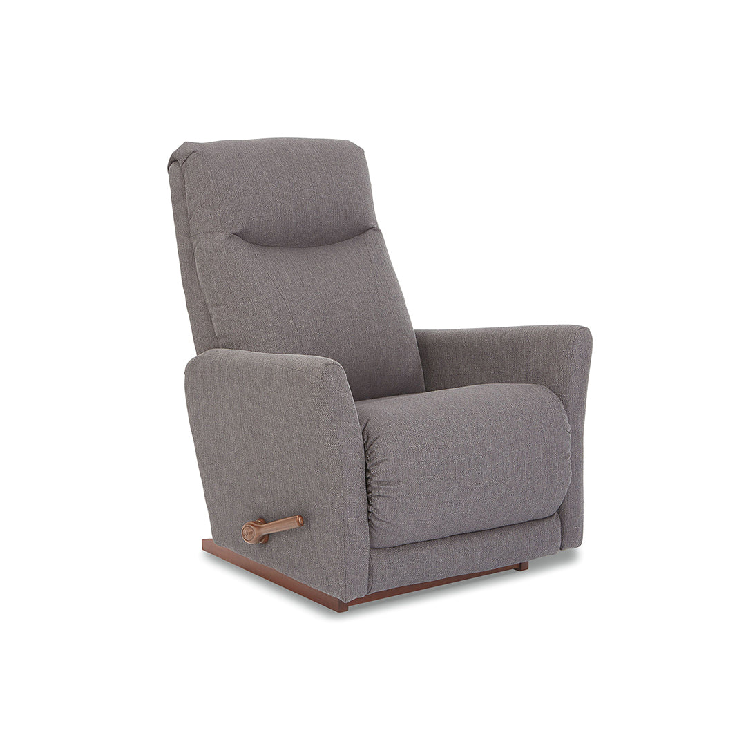 Grey fabric rocker recliner with padded arms and wooden base