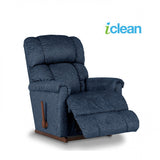 Dark blue fabric rocker recliner chair with reclined seat and side arm detail