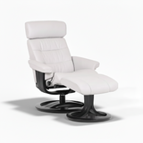 White leather pedestal lounge chair with black rotating base and padded headrest