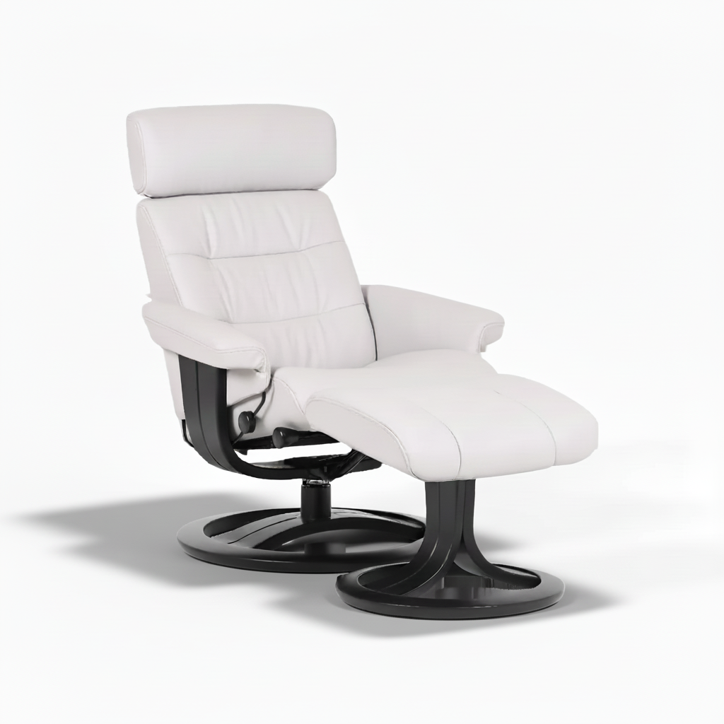 White leather pedestal lounge chair with black rotating base and padded headrest