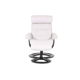 White leather lounge chair with padded back and black circular pedestal base