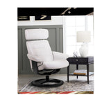 White leather pedestal chair with padded arms, recline seat, and black base
