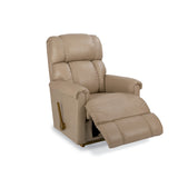 Tan full leather rocker recliner with extended footrest and side control lever