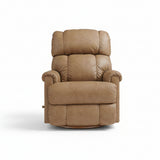 Mocca full-leather swivel recliner with tall back, padded arms, and recline mechanism
