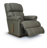 Grey leather rocker recliner with padded armrests, reclining seat and footrest.