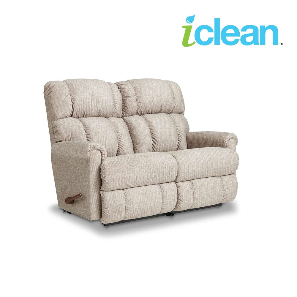 Ash fabric reclining loveseat with padded arms, tufted back, motion-recline