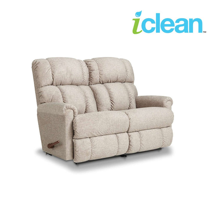 Ash fabric reclining loveseat with padded arms, tufted back, motion-recline