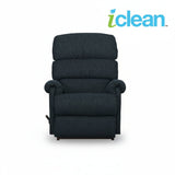 Dark blue fabric rocker recliner with padded backrest, front view