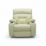 Light green leather rocker recliner with cupholder, wide seat and curved headrest