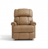 Brown full-leather power rocker recliner with cushioned backrest and padded ottoman seat