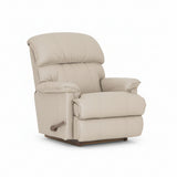 Beige full leather rocker recliner with padded armrests and footrest, side view