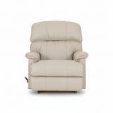 Beige full leather rocker recliner with wide cushioned back, front view