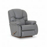 Gray full leather rocker recliner with tufted back, padded arms, side control handle