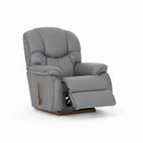 Gray full leather rocker recliner with side handle and extended footrest