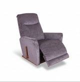 Dark purple fabric rocker recliner with reclined footrest and arm control