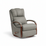 Full leather swivel recliner, light gray with recline footrest and wood base