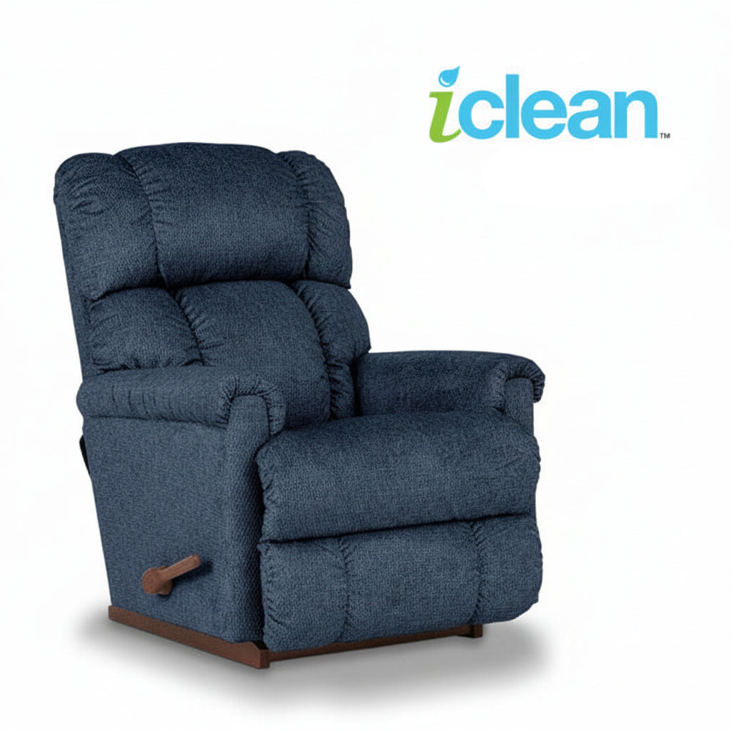 Dark blue fabric rocker recliner chair with padded arms and footrest
