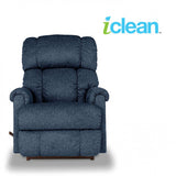 Dark blue fabric rocker recliner chair with tall headrest and cushioned back