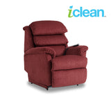 Red power lift recliner chair with padded headrest, armrests, and foot platform