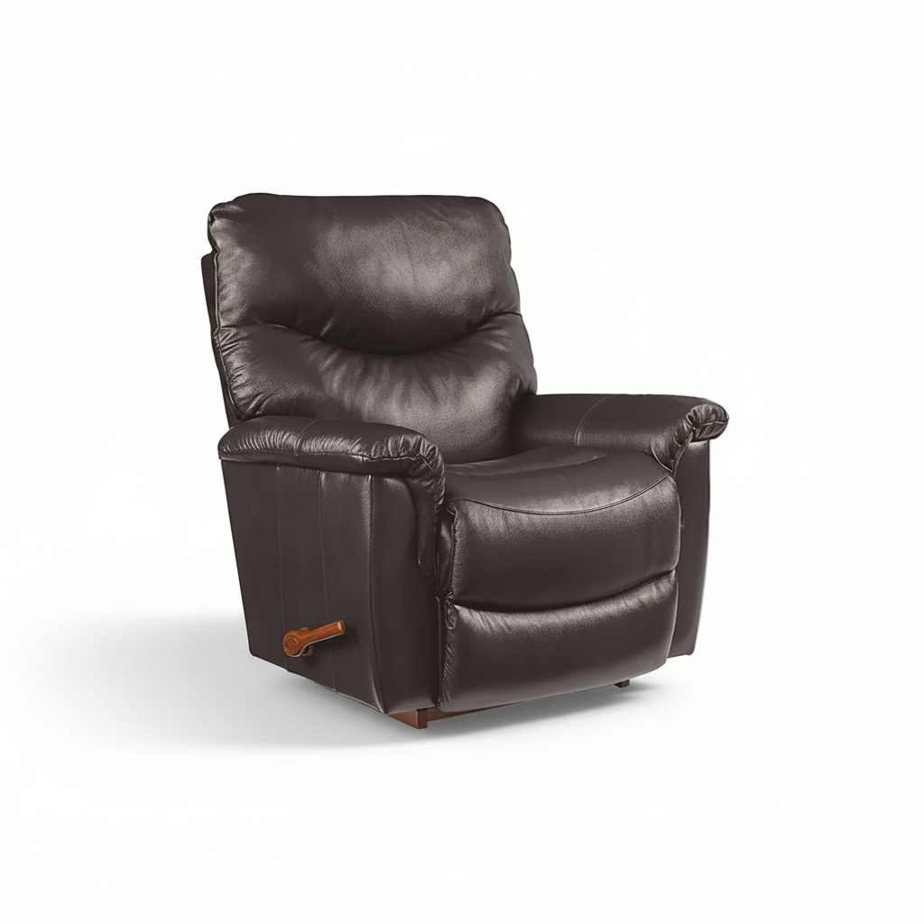 Dark leather rocker recliner with padded armrests and tufted backrest