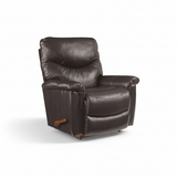 Dark leather rocker recliner with padded armrests and tufted backrest