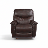 Dark leather rocker recliner front view with rounded arms and cushioned back