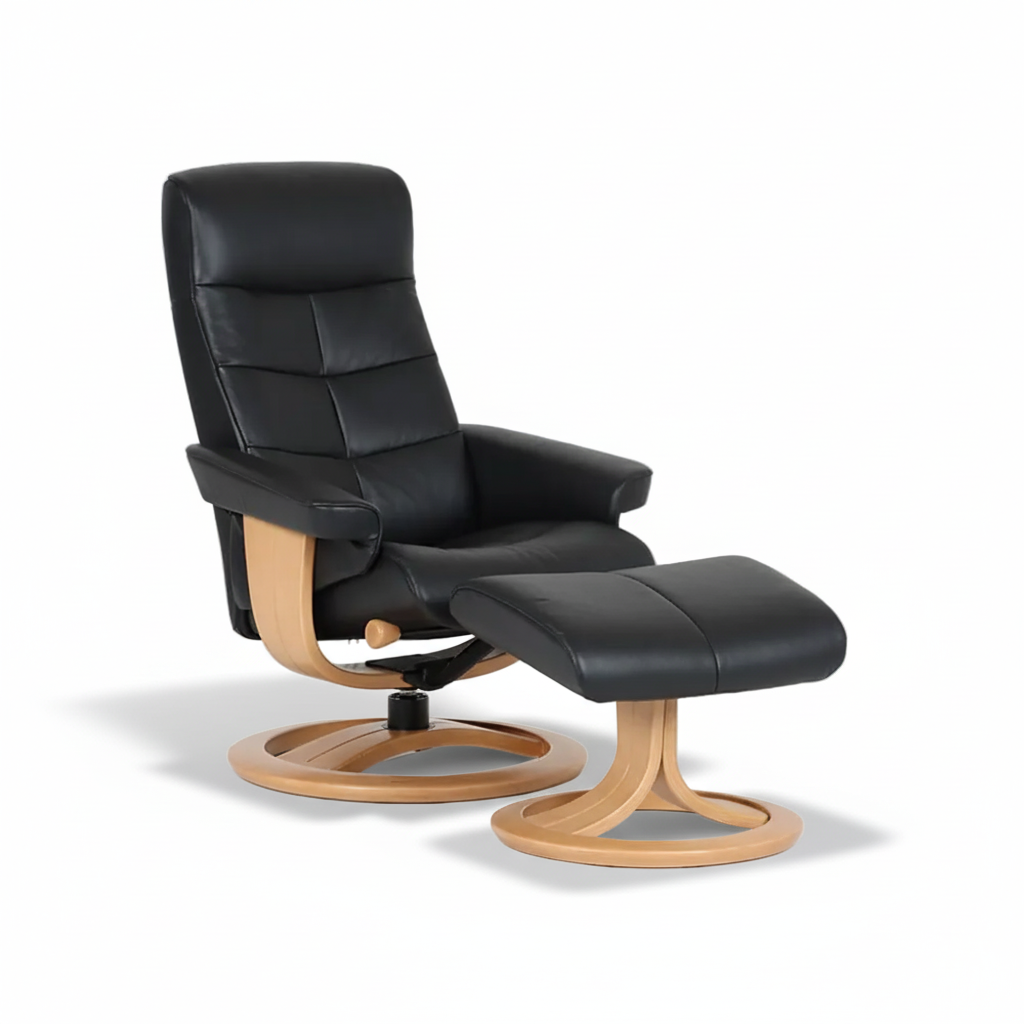 Black leather pedestal lounge chair with padded seat and adjustable ottoman footrest