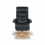 Black leather pedestal lounge chair with padded backrest and round wooden base