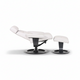 White leather recliner chair with footrest and black pedestal base