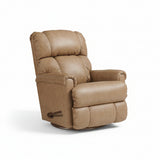 Mocca full-leather swivel recliner with padded arms, recline lever, and reclined seat