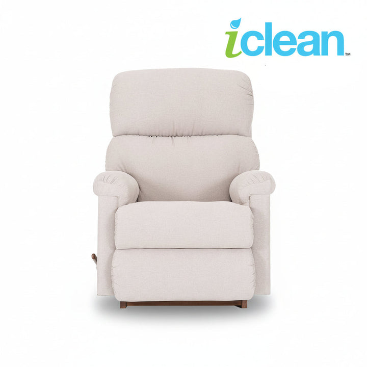 Light beige fabric rocker recliner with padded arms and back, front view