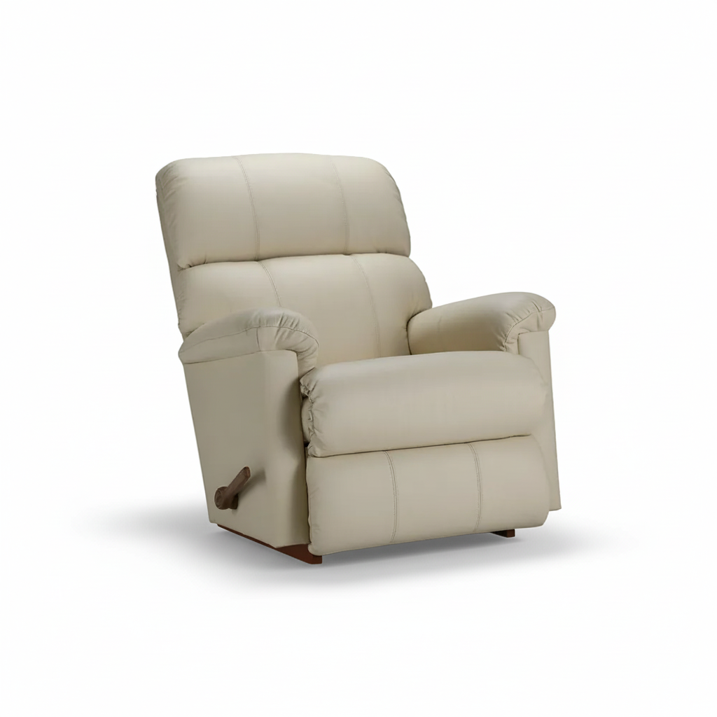 Cream leather rocker recliner with padded arms and headrest