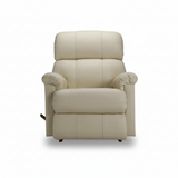 Light beige leather rocker recliner with rounded armrests and footrest