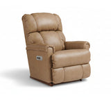 Brown full-leather power rocker recliner with padded armrests and side control panel